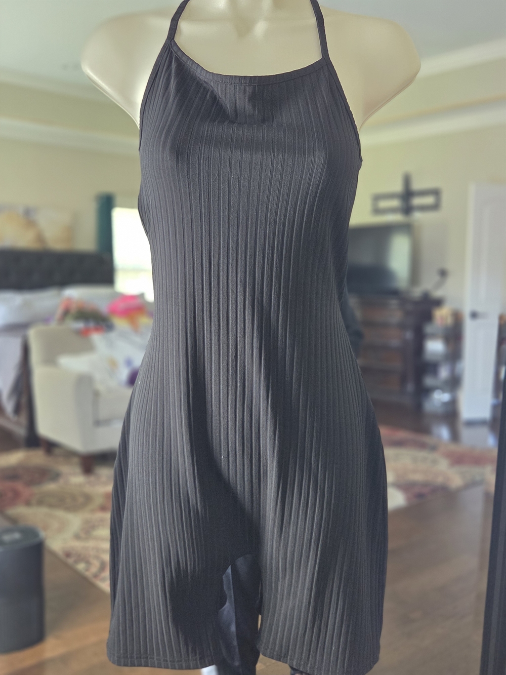 Women’s Black Ribbed Spaghetti's Strap romper.